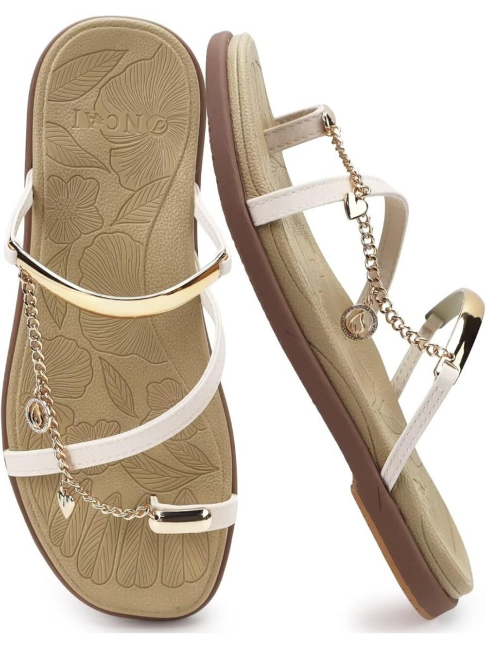 Women's Beige Brown Flat Slides Sandals Toe loop Strappy Square Open Toe Fashion